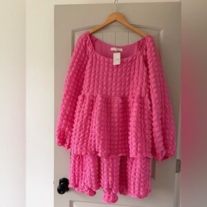 NWT Simply Southern Pink Bubble Breeze Tiered Mini Dress L Candy Textured